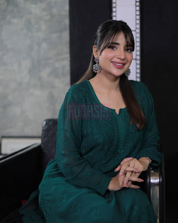 Celebrity Look Bottle Green premium Georgette Resham Long Kurta