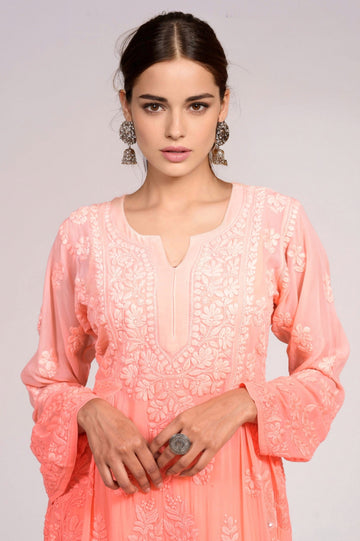 Luxurious Premium Georgette Peach Dyed A line Straight Cut Long Kurta