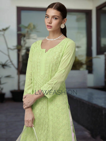 Premium Georgette Pista Green Long Kurta With Slip