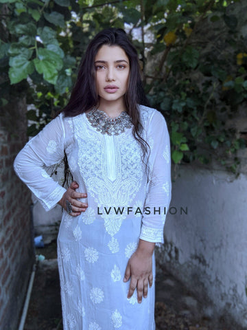 Resham Thread White Premium Georgette Long Kurta