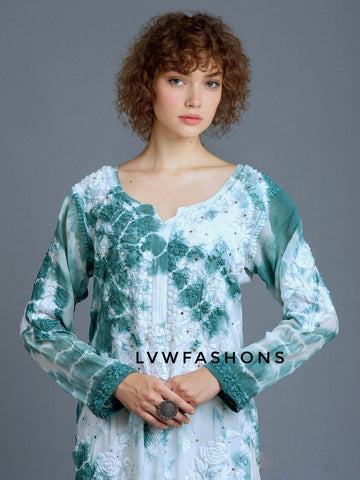 Feriha Premium Georgette Long Chikankari & Kamdani add on Kurta With Slip