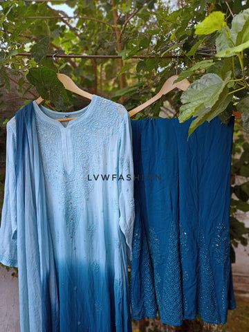 Christmas Blue Ombre Premium Georgette 3 Piece Set