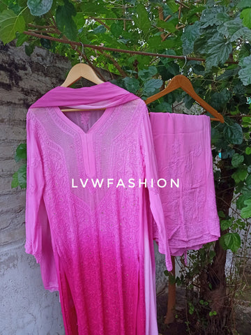 Pink Double Ombre Shade Premium Georgette 3 Piece Set