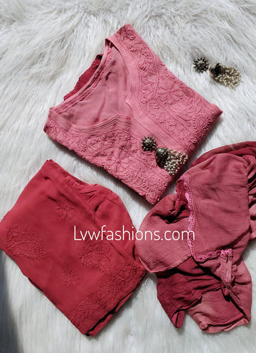 'Alfaat' Watermelon Red Premium Georgette 3 Piece Set