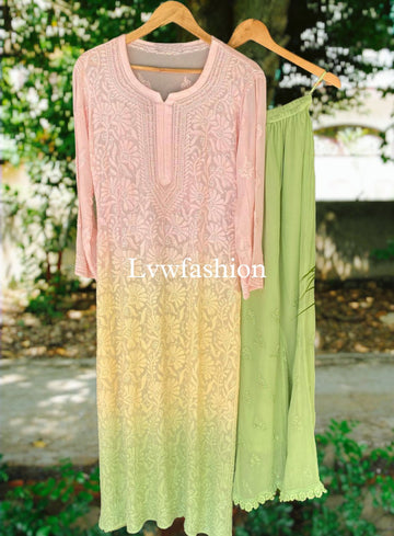 3 Colours Dyed Premium Georgette Resham Thread Co-ord Two Pieces Set