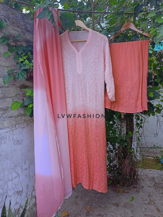 Deep Puce Ombre Premium Georgette 3 Piece Set