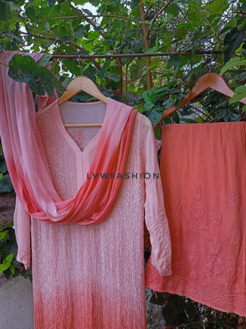 Deep Puce Ombre Premium Georgette 3 Piece Set