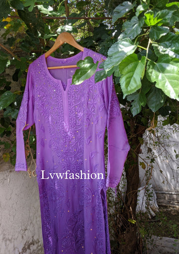 "Feriha" Royal Purple Premium Georgette Rose Embroidery Long kurta