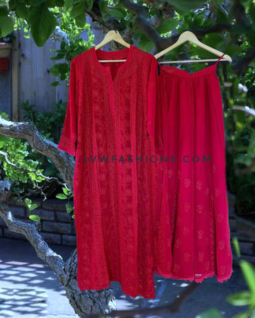 Beautiful Deep Red Premium Georgette kurta Sharara Set Inner Include