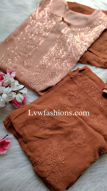 'Elham' Brown (Crayola)Premium Georgette 3 Piece Set of Resham Thread