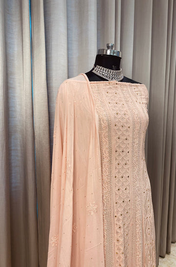 Fida Powder Peach Premium Georgette Chikankari Kamdani Anarkali Dupatta Set