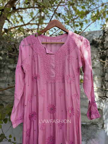 Baby Pink Premium Muslin Silk Long Kurta With Silk Slip