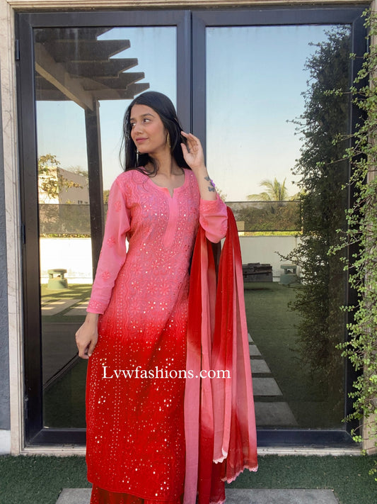Cherry Red Premium Georgette 3 Piece Chikankari Set With Silk Slip
