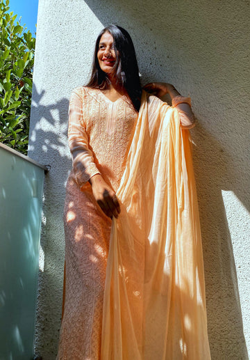 Resham Powder Peach Premium Georgette 3 Piece Set with Silk Inner