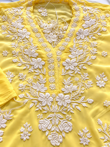 Yellow Cuff sleeves Premium Mulmul Pure Handcrafted Chikankari