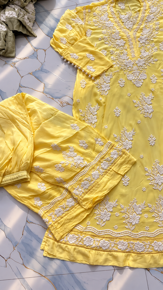 Yellow Cuff sleeves Premium Mulmul Pure Handcrafted Chikankari
