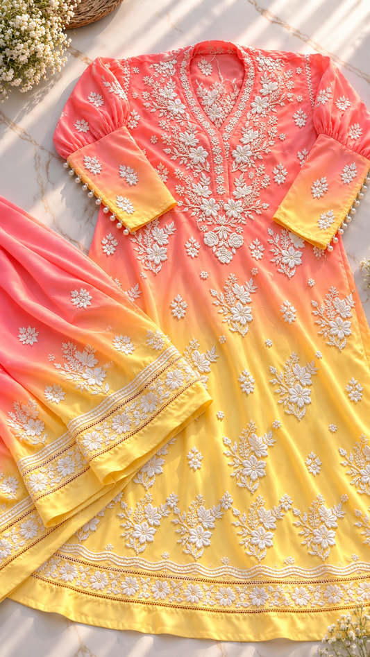 Coral and Yellow Cuff sleeves Premium Mulmul Pure Handcrafted Chikankari