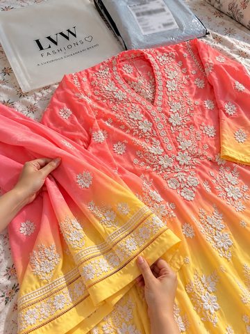 Coral and Yellow Cuff sleeves Premium Mulmul Pure Handcrafted Chikankari