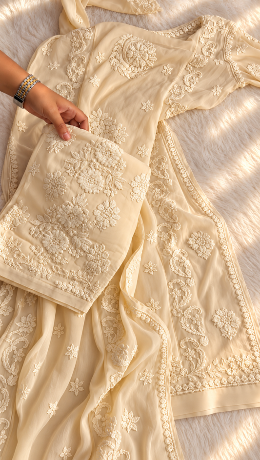 Malai  Premium Georgette Pure Chikankari co-ord set Bottom special Design