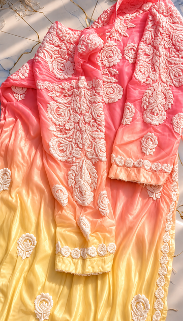 Coral Ombre  Special Design of Sleeves  and Back Pure Chikankari Muslin Kurta