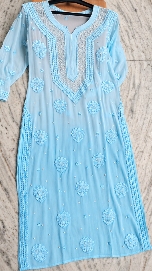 Noori  Premium Georgette Pure Chikankari Long Kurta