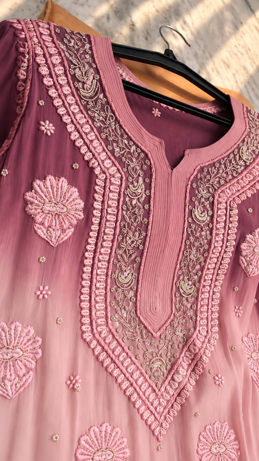 Noori plum Ombre Premium Georgette Pure Chikankari Long Kurta