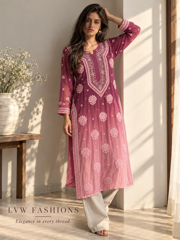 Noori plum Ombre Premium Georgette Pure Chikankari Long Kurta