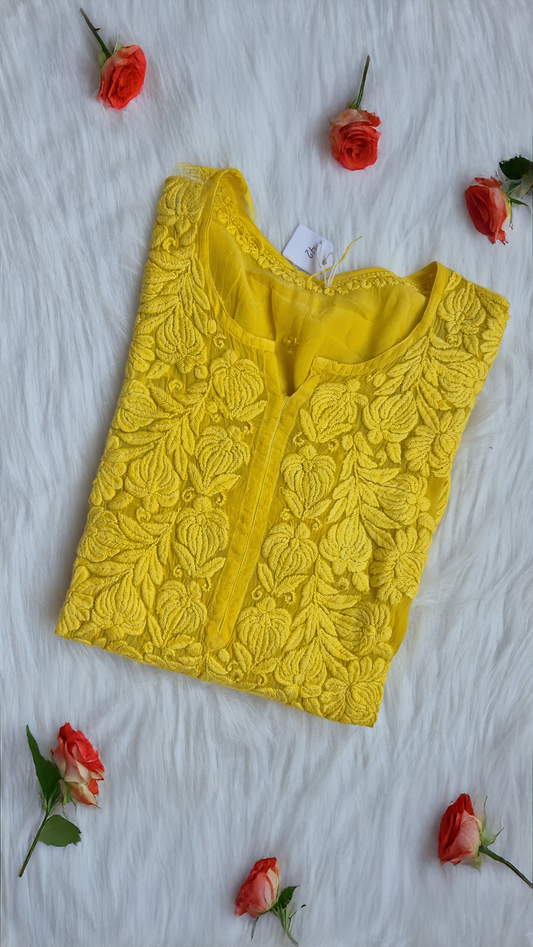 Turmeric Yellow Premium Silk Chikankari Luxurious Long Kurta