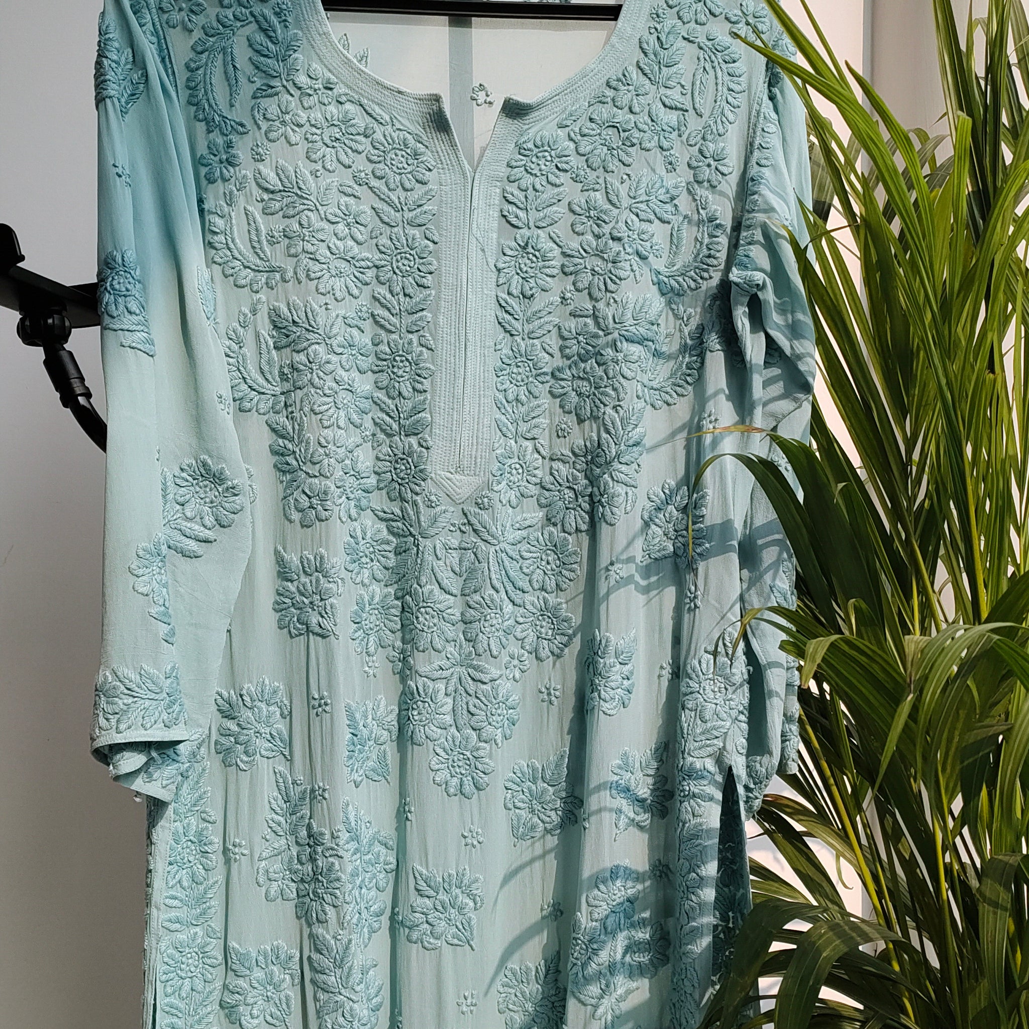 Aqua Blue Premium Georgette Long Chikankari Kurta luxurious Look