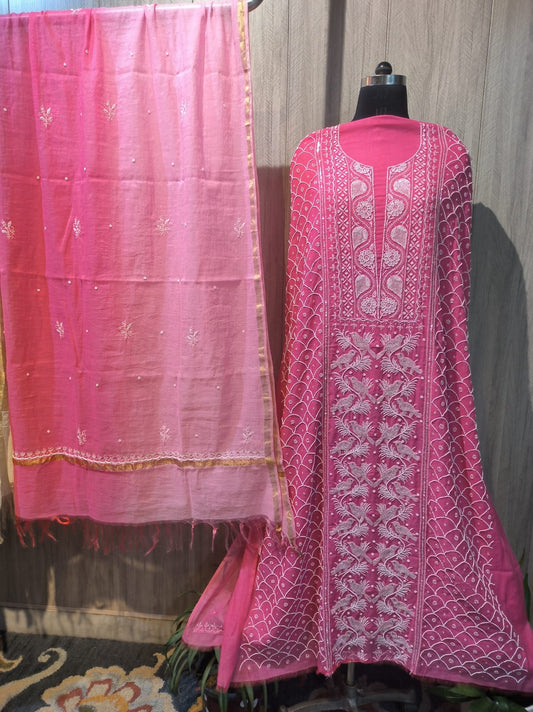 Birds Detailed Pure Handcrafted Chikankari Pearl Heavy Embroidery Suit