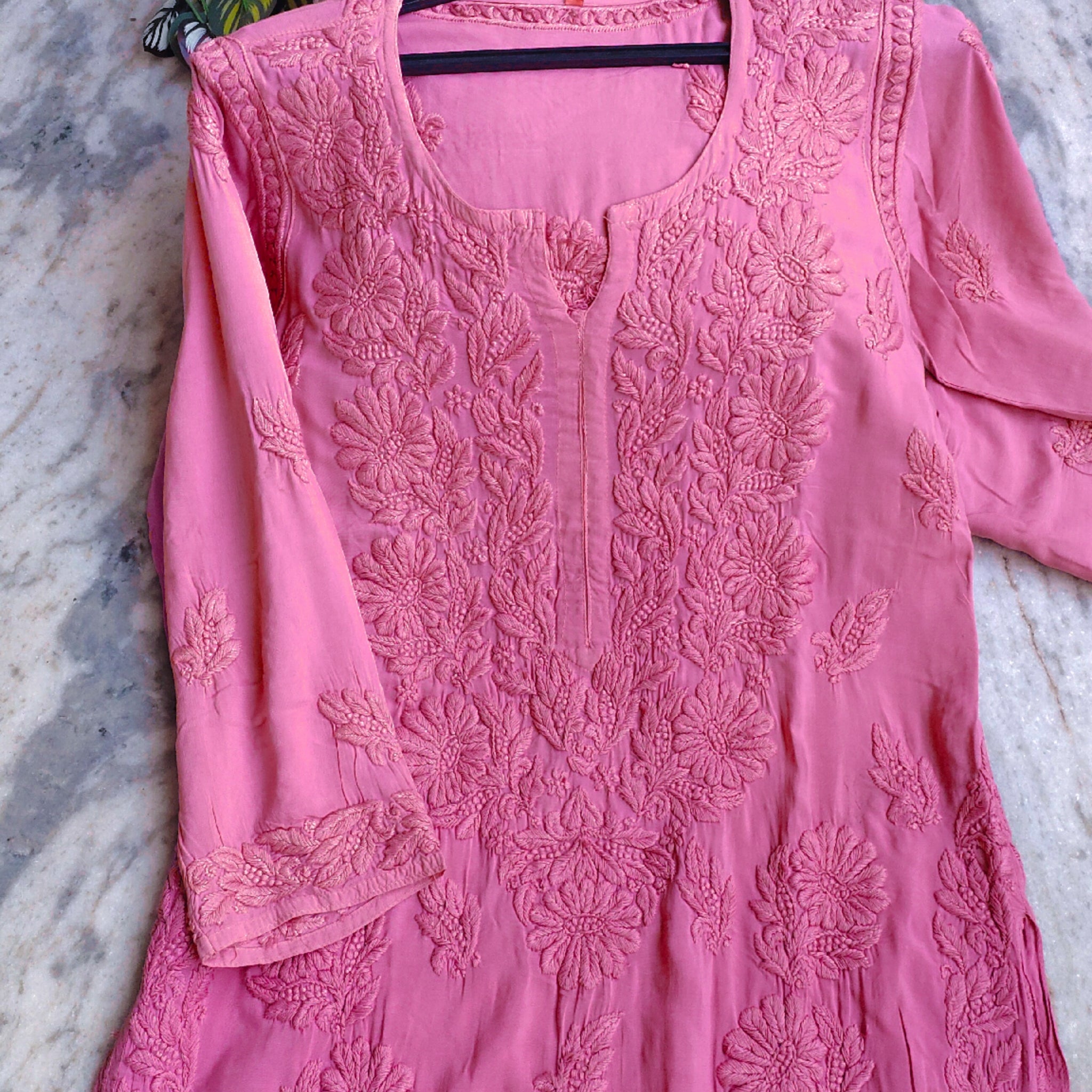 Thulian Pink Premium Soft Modal Chikankari Long Kurta Luxurious Embroidery
