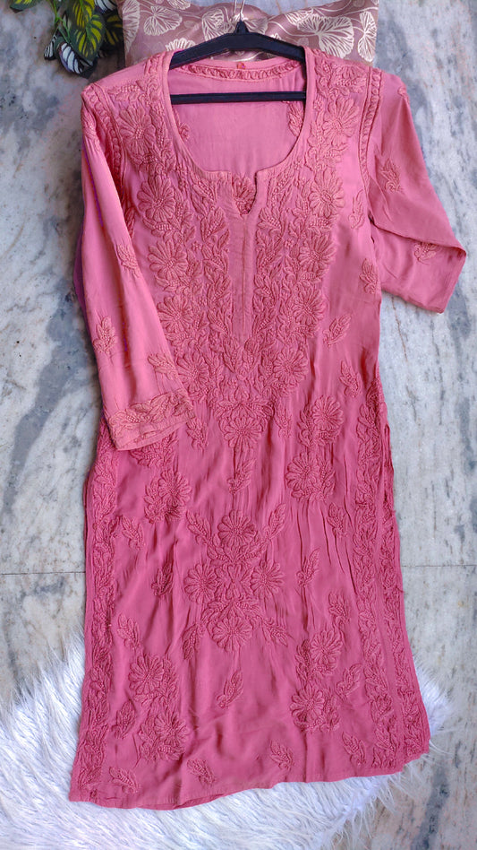Thulian Pink Premium Soft Modal Chikankari Long Kurta Luxurious Embroidery