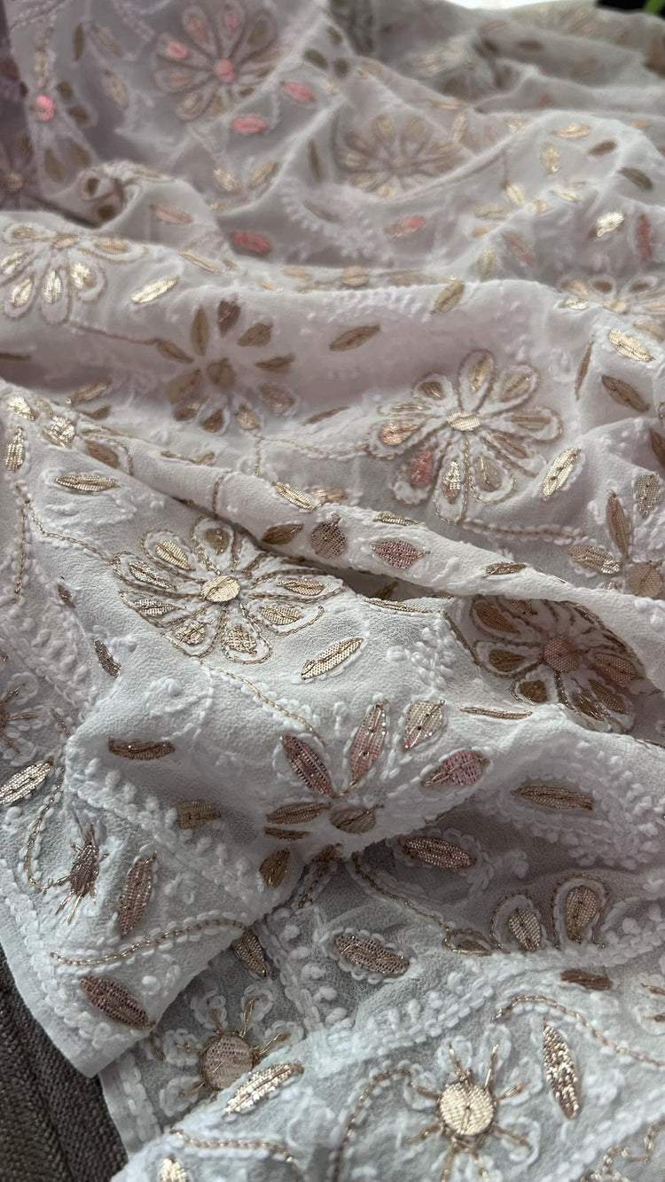 Ivory handcrafted Chikankari and Mukaish premium georgette unstitched suit with Gotapatti detailing by LVW Fashion Luxurious Chikankari.