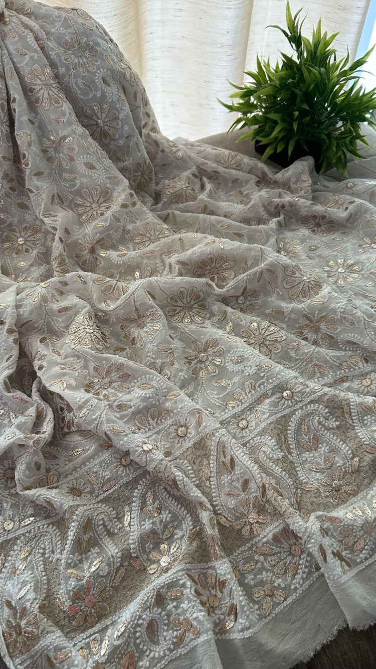 Ivory pure handcrafted Chikankari and Mukaish premium Georgette unstitched suit with Gotapatti detailing by LVW Fashion Luxurious Chikankari