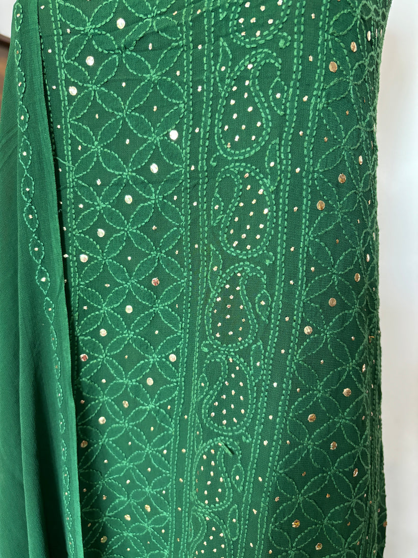 Green premium georgette unstitched suit with intricate Chikankari embroidery by LVW Fashion Luxurious Chikankari.