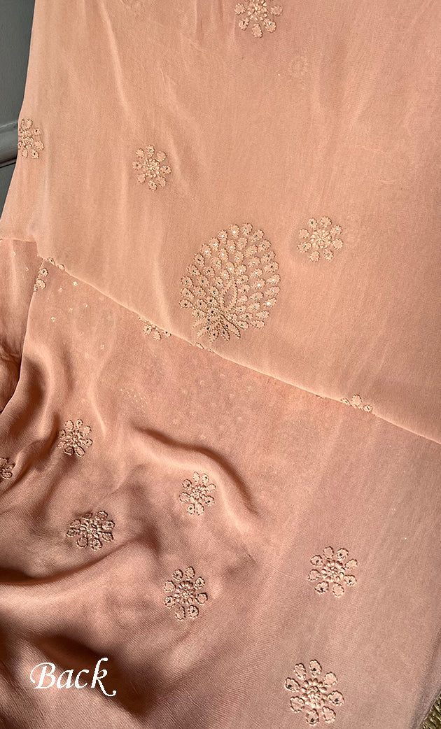 Handcrafted Roohi Chikankari and Mukaish premium georgette unstitched suit by LVW Fashion, detailed embroidery and elegant fabric.