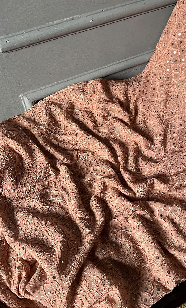 Roohi handcrafted Chikankari and Mukaish premium georgette unstitched suit by LVW Fashion with intricate embroidery details.