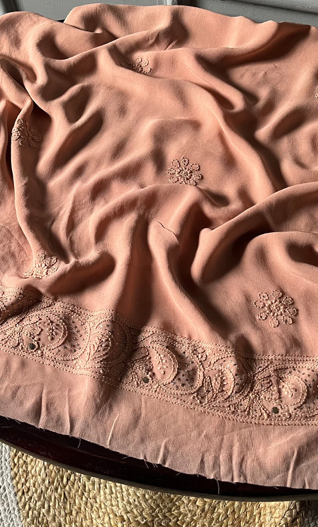 Handcrafted Roohi Chikankari and Mukaish unstitched suit in premium georgette with intricate embroidery, by LVW Fashion Luxurious Chikankari.