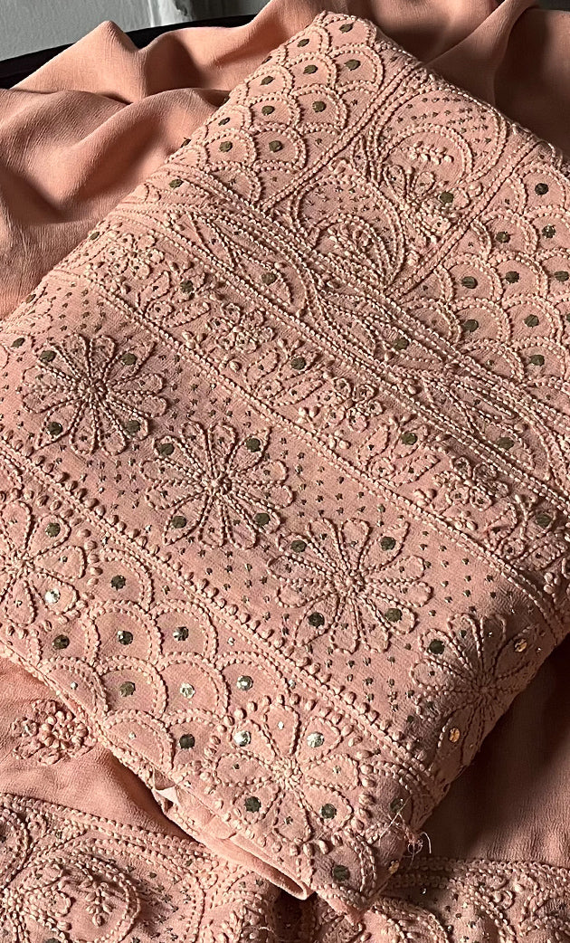 Handcrafted Roohi Chikankari and Mukaish unstitched suit in premium georgette by LVW Fashion Luxurious Chikankari