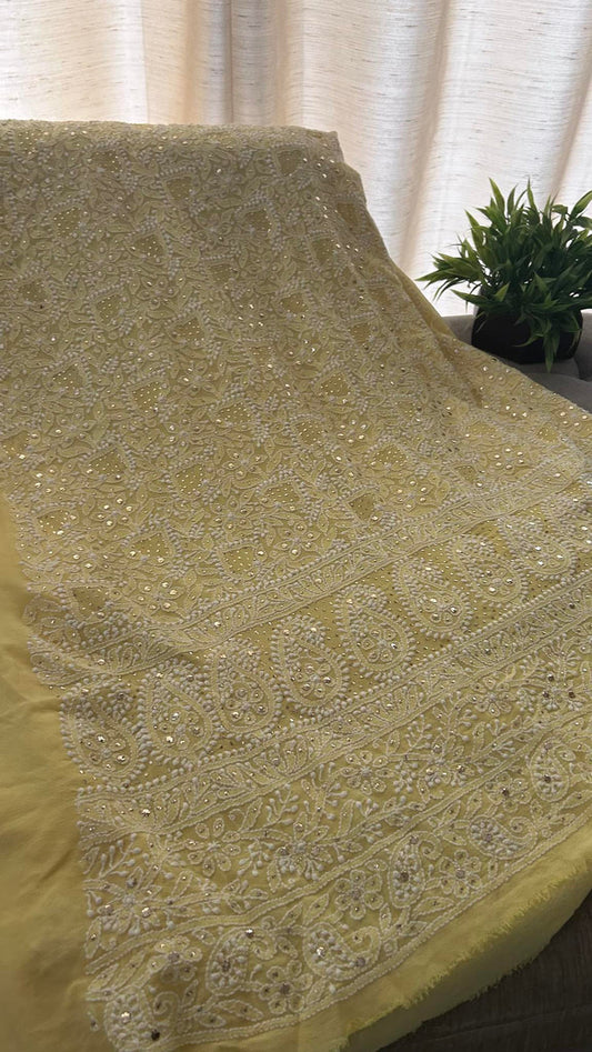 Roohi Pure handcrafted Chikankari and Mukaish Premium Georgette unstitched suit kurta Dupatta