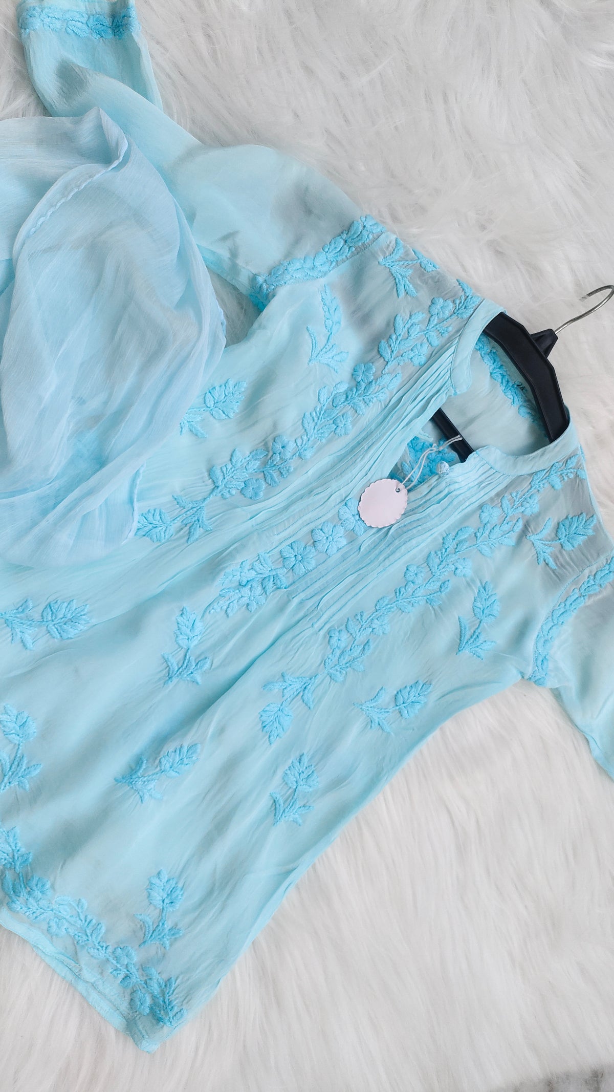 Luxurious handmade Chikankari kurta for baby girl by LVW Fashions, traditional Lucknow embroidery in 6-12 months size.