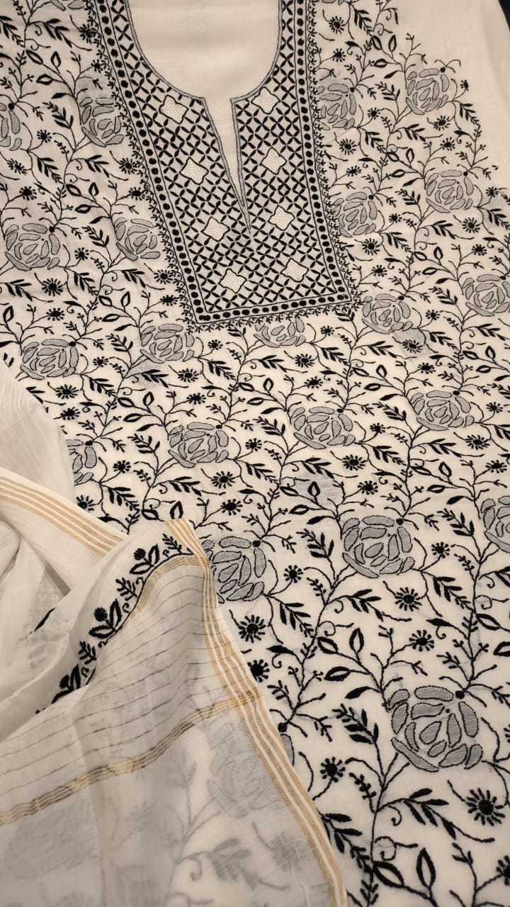 Black handmade Chikankari Kurta Dupatta set in premium pure Mul Chanderi fabric by LVW Fashions, unstitched traditional Indian attire.