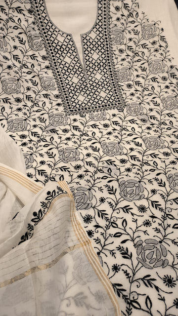 Black handmade Chikankari Kurta Dupatta set in premium pure Mul Chanderi fabric by LVW Fashions, unstitched traditional Indian attire.