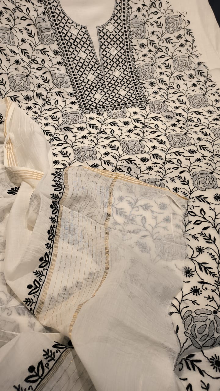Handmade black Chikankari Kurta and Dupatta set in premium pure Mul Chanderi fabric by LVW Fashions, unstitched and elegant.