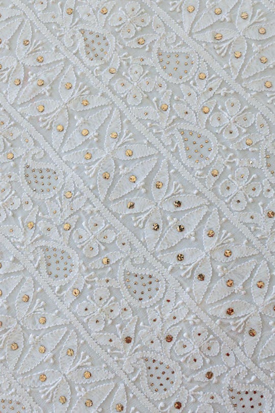 Noori premium georgette Chikankari kurta and dupatta suit set by LVW Fashions, handmade Lucknow Chikankari in brown.