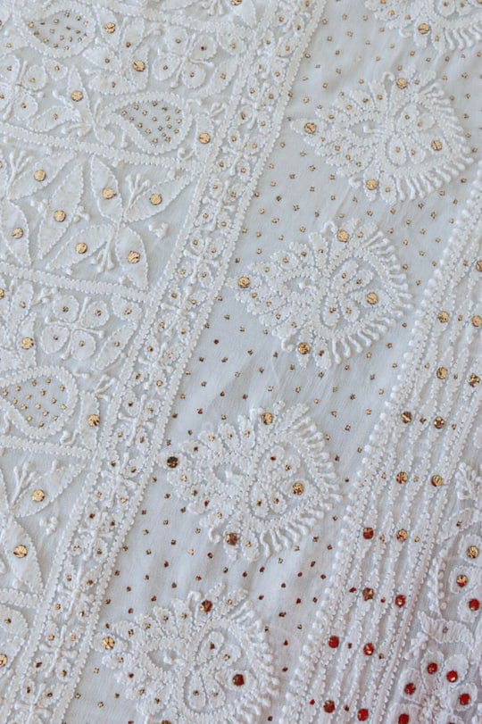 Noori premium georgette chikankari kurta and dupatta set in brown, handmade Lucknow chikankari by LVW Fashions.