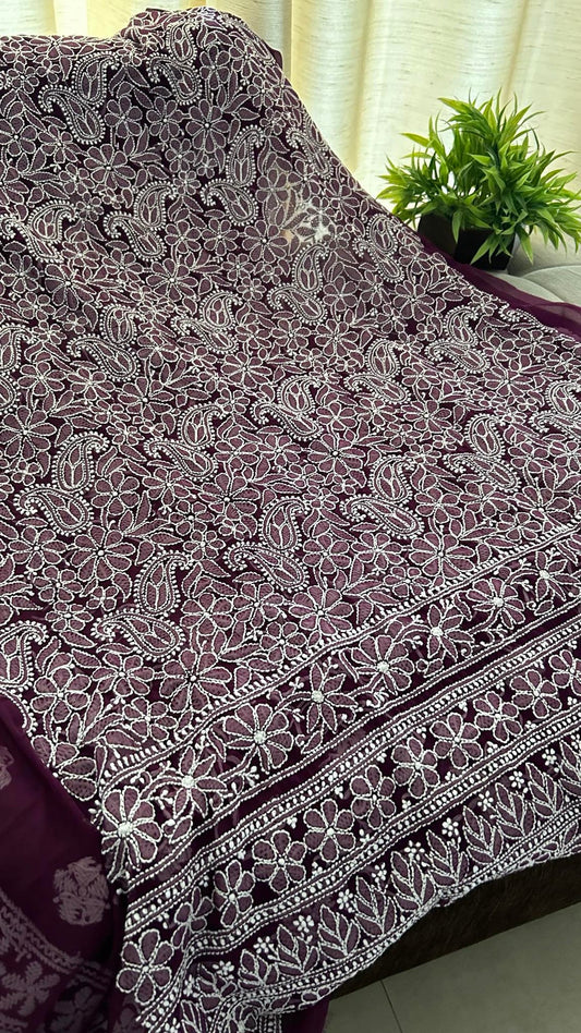 Beautiful handcrafted Chikankari full suit in faux Georgette by LVW Fashions, featuring intricate traditional embroidery from Lucknow.