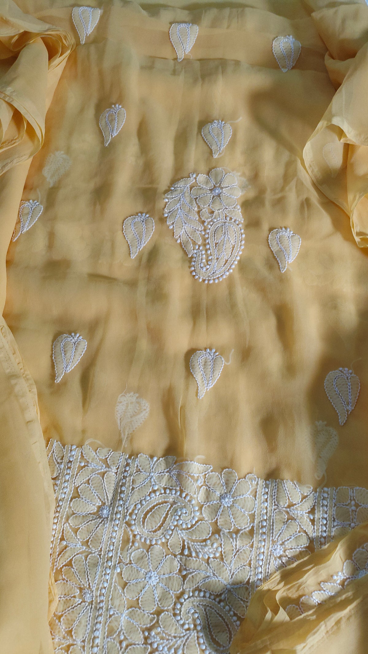 Beautiful handcrafted faux georgette Chikankari full suit by LVW Fashions, featuring traditional Lucknow embroidery and elegant design.