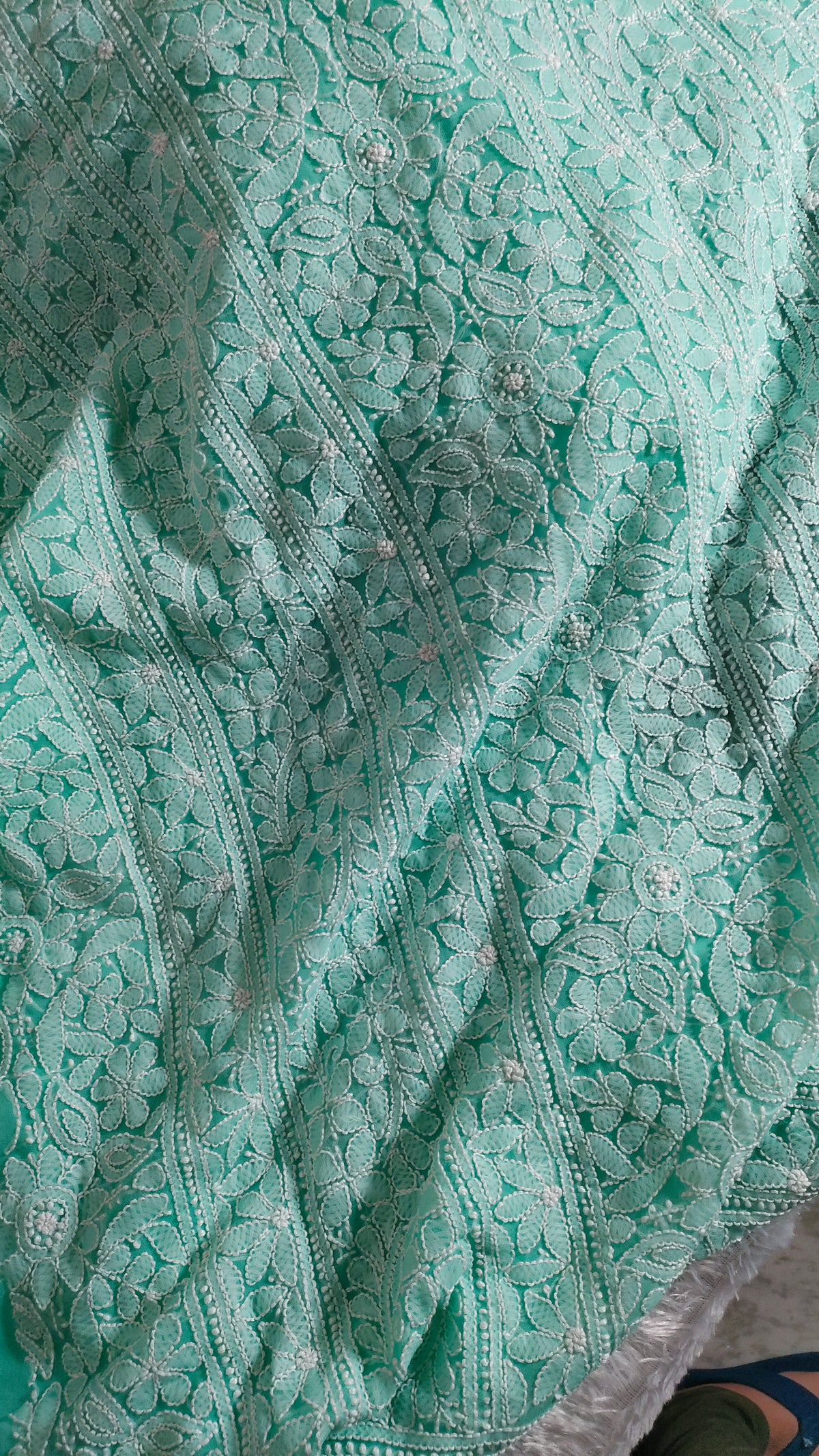 Beautiful handcrafted Chikankari full suit made of faux georgette from LVW Fashions, featuring intricate Lucknow embroidery.