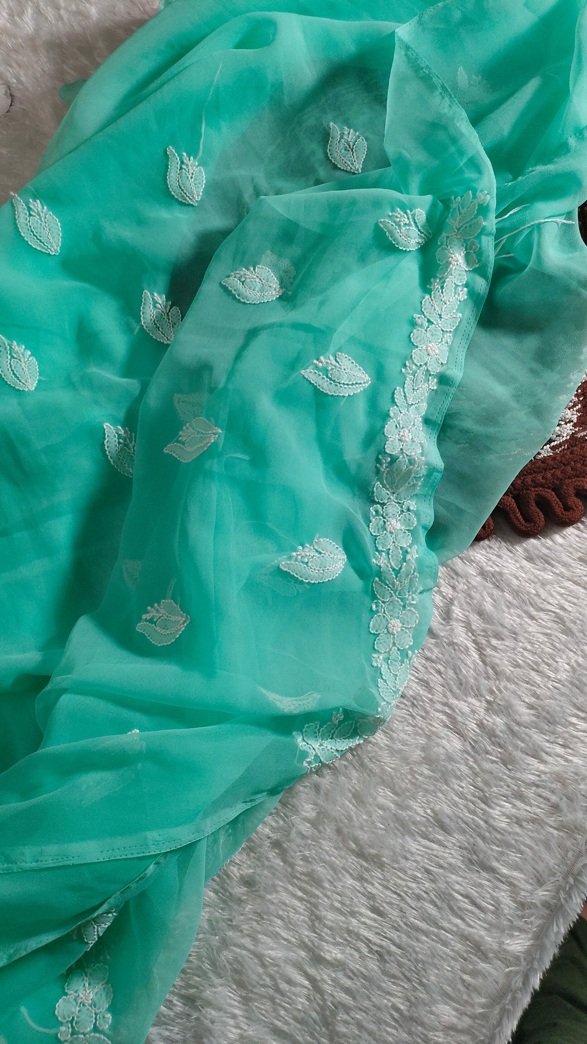 Beautiful handcrafted faux georgette Chikankari full suit by LVW Fashions, featuring intricate Lucknow-style embroidery.